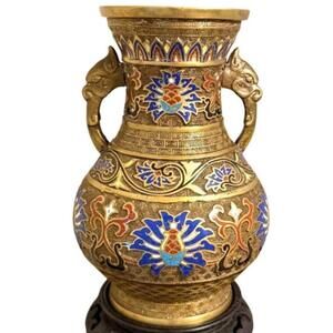 Antique Japanese Cloisonné Vase: Champlevé Brass Urn with Wooden Stand